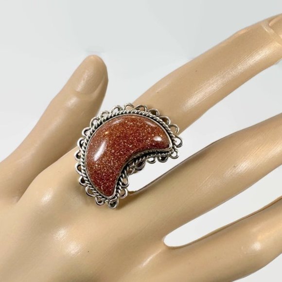 Goldstone Ring, Moon Ring, Sterling Silver, Crescent Moon, Size 6 1/2 - Picture 1 of 5